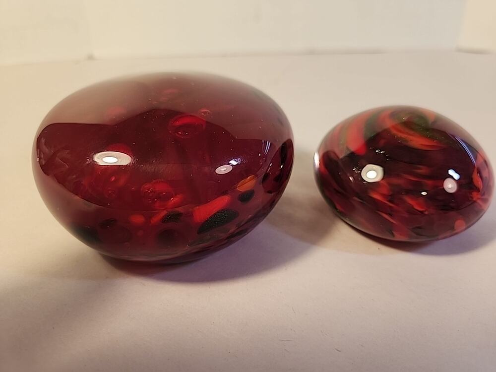 2 Art Glass Paperweight Handblown MCM Red Gold Glitter Signed "Nutt" Murano ?